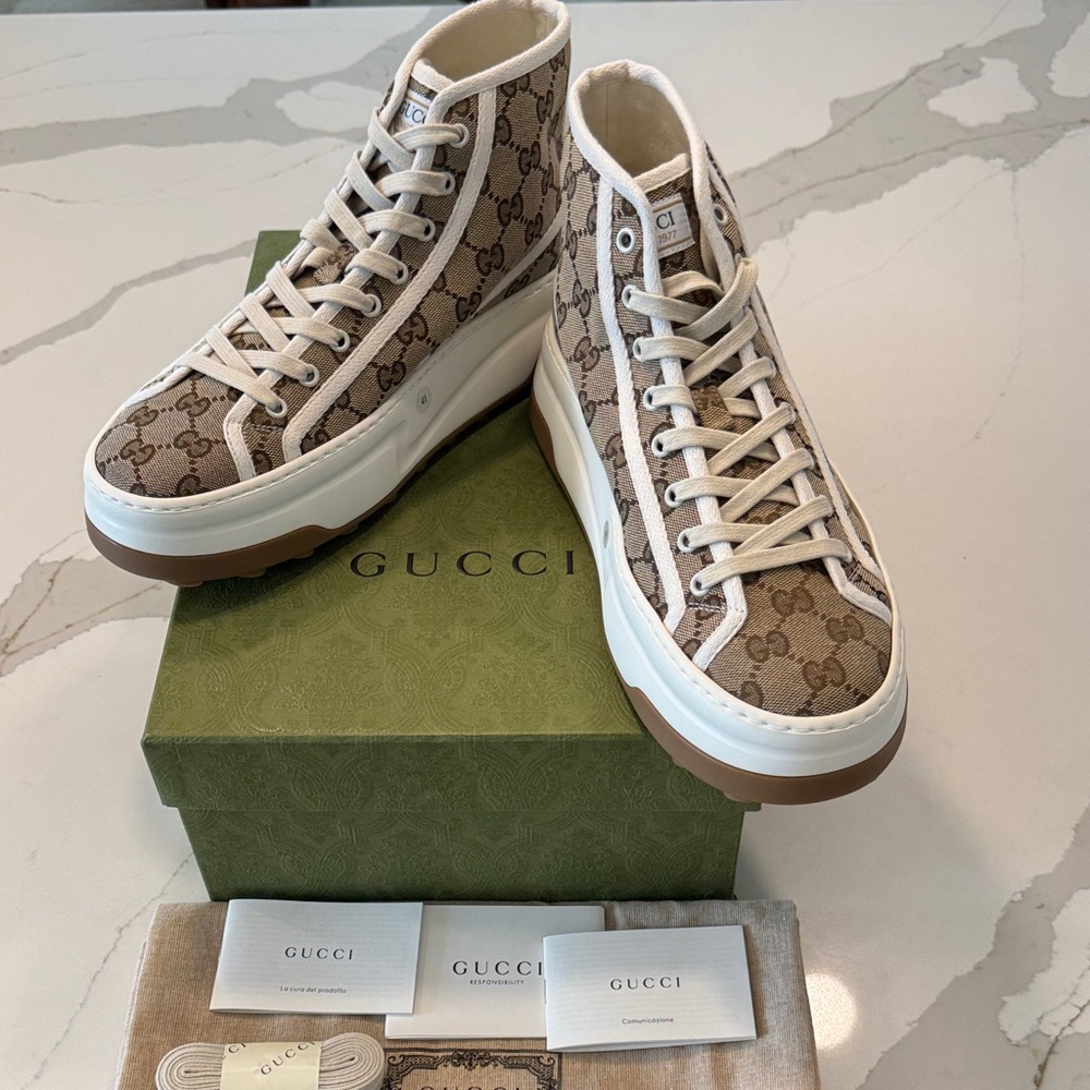GUCCI Tennis 1977 Beige GG Supreme High-Top Platform Sneakers EUR 41 US 11